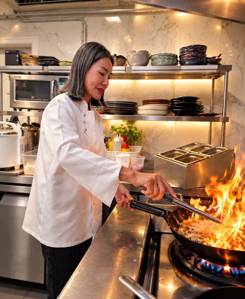 Pim cooking at the wok in the Shallot kitchen